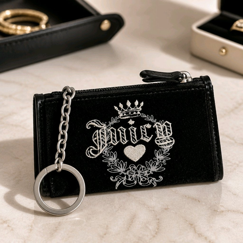 Juicy Couture Vintage Y2k Goth Velour Coin Card Keychain Zipper Embroidered