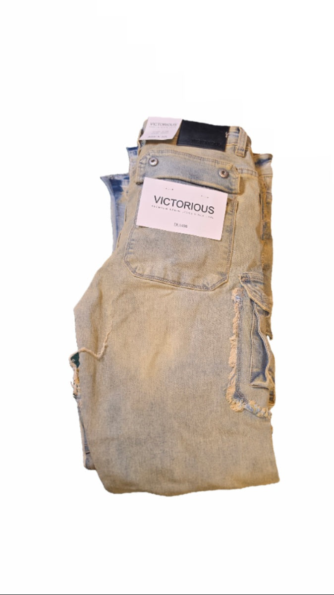 Victorious Casual Raw Bootcut Denim Cargo Distressed Button Flap Closures Zipfee